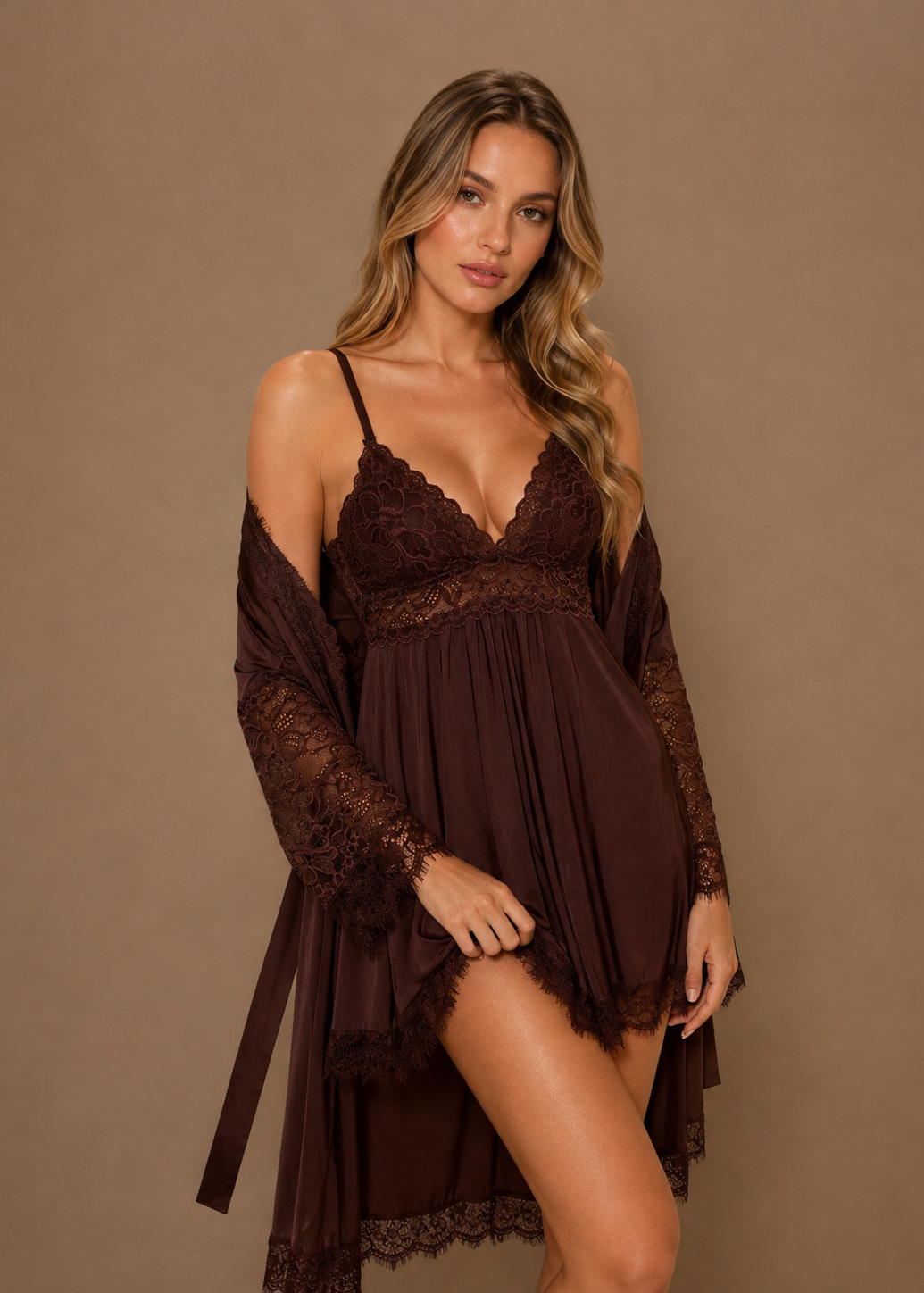 Vivienne Satin Chemise & Robe Set Burgundy
