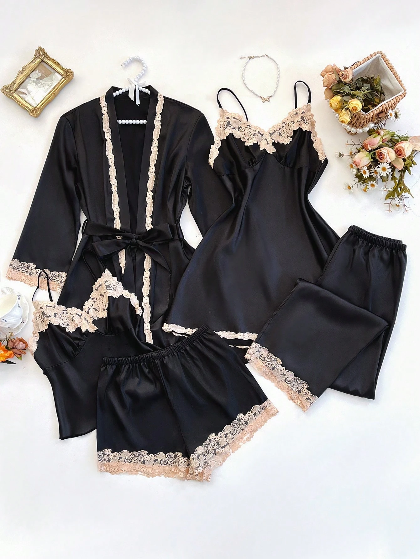 Seraphina 4-Piece Satin Set Black